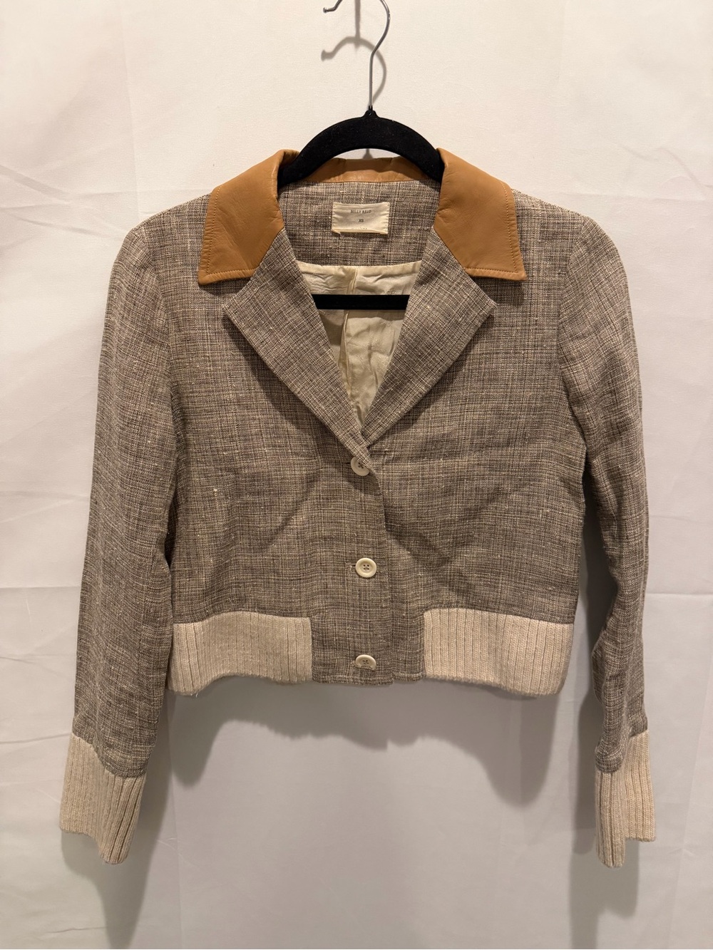Billy Reid Beige Linen Tweed Blazer with Tan Leather Collar and Cream Trim